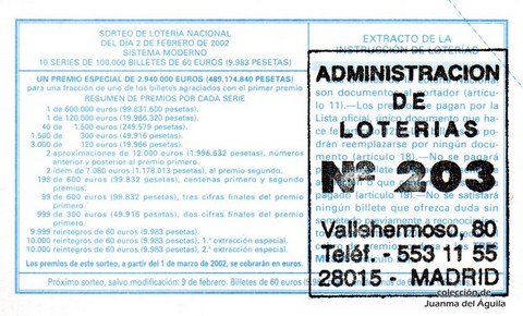 Reverso décimo de Lotería 2002 / 9