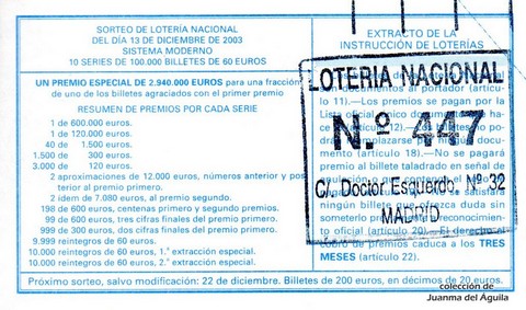 Reverso décimo de Lotería 2003 / 100