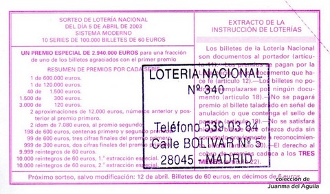 Reverso décimo de Lotería 2003 / 28