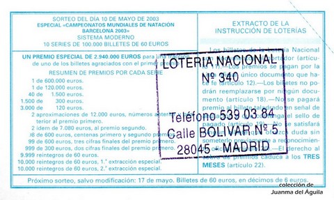 Reverso décimo de Lotería 2003 / 38