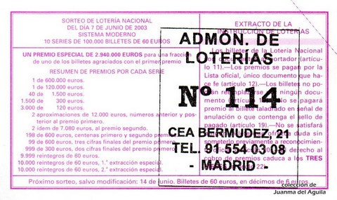 Reverso décimo de Lotería 2003 / 46