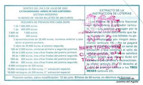 Reverso décimo de Lotería 2003 / 54