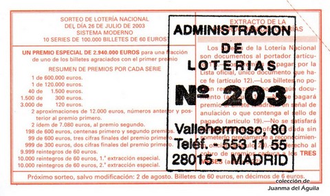 Reverso décimo de Lotería 2003 / 60