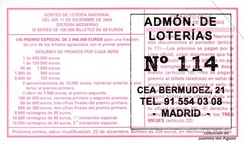 Reverso décimo de Lotería 2004 / 100