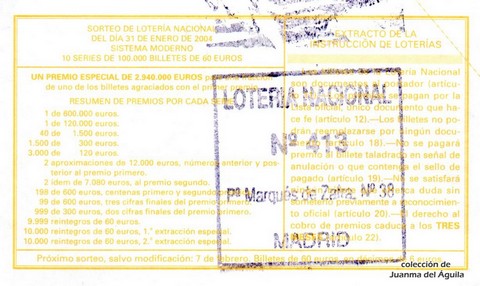 Reverso décimo de Lotería 2004 / 10