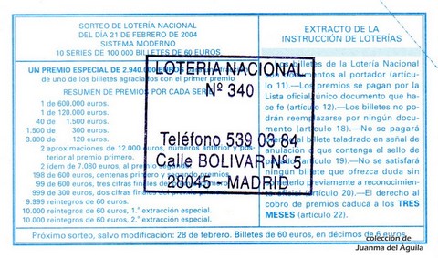 Reverso décimo de Lotería 2004 / 16