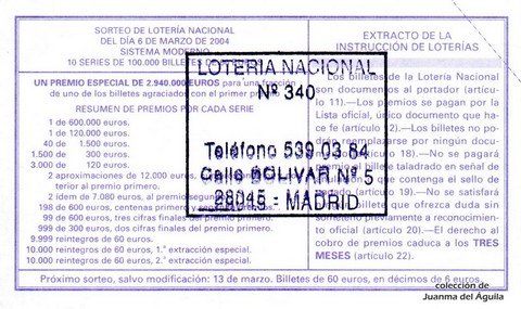 Reverso décimo de Lotería 2004 / 20