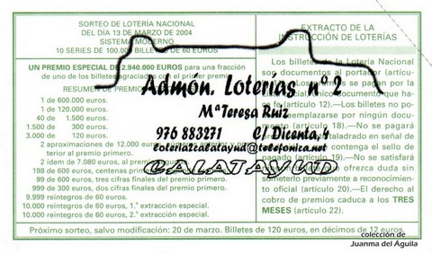 Reverso décimo de Lotería 2004 / 22