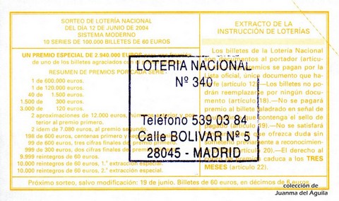 Reverso décimo de Lotería 2004 / 48