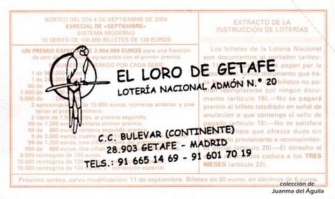 Reverso décimo de Lotería 2004 / 72