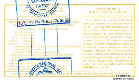 Reverso décimo de Lotería 2004 / 78