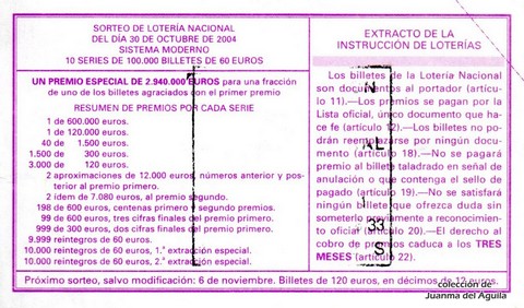 Reverso décimo de Lotería 2004 / 88