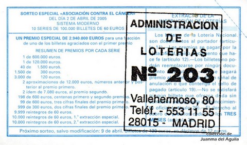 Reverso décimo de Lotería 2005 / 26