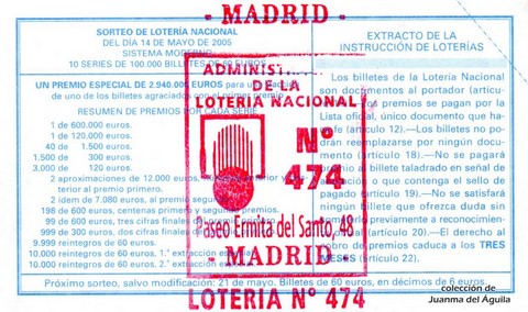 Reverso décimo de Lotería 2005 / 38