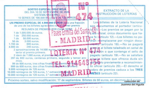 Reverso décimo de Lotería 2005 / 72