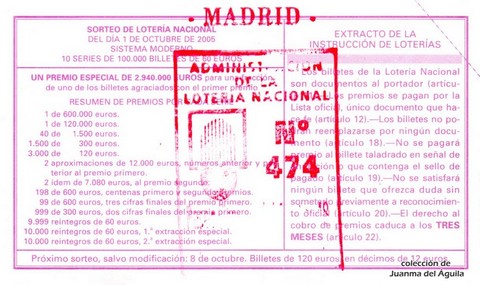 Reverso décimo de Lotería 2005 / 78