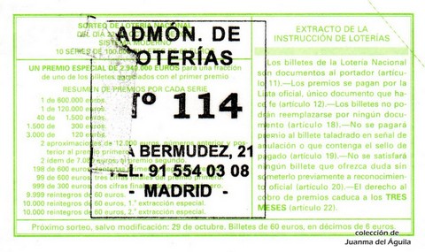 Reverso décimo de Lotería 2005 / 84