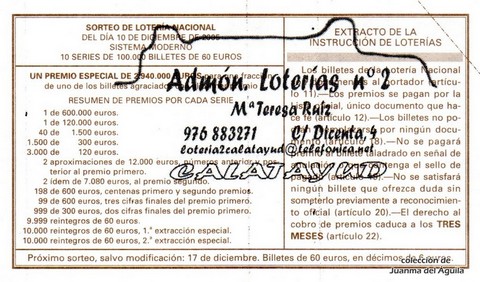 Reverso décimo de Lotería 2005 / 98