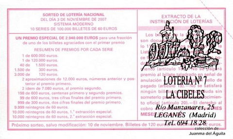 Reverso décimo de Lotería 2007 / 88