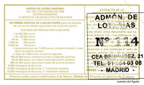 Reverso décimo de Lotería 2008 / 10