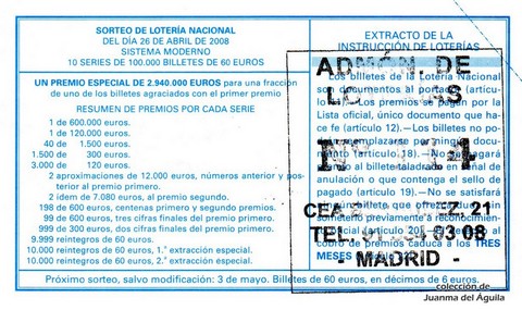 Reverso décimo de Lotería 2008 / 34