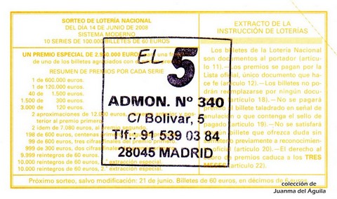 Reverso décimo de Lotería 2008 / 48