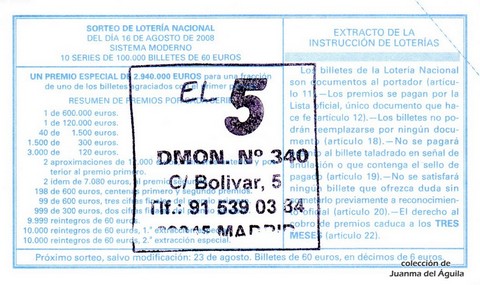 Reverso décimo de Lotería 2008 / 66