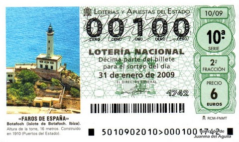 Décimo de Lotería Nacional de 2009 Sorteo 10 - «FAROS DE ESPAÑA». Botafoch (ISLOTE DE BOTAFOCH. IBIZA).