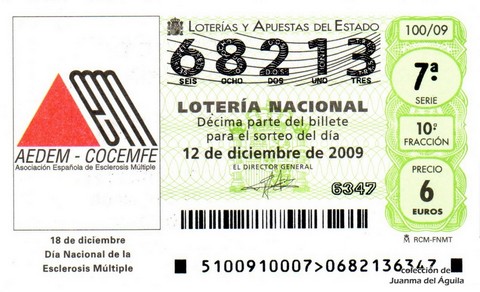 Décimo de Lotería Nacional de 2009 Sorteo 100 - AEDEM. ASOCIACIÓN ESPAÑOLA DE ESCLEROSIS MÚLTIPLE