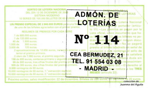 Reverso del décimo de Lotería Nacional de 2009 Sorteo 100