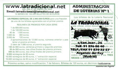 Reverso del décimo de Lotería Nacional de 2009 Sorteo 10