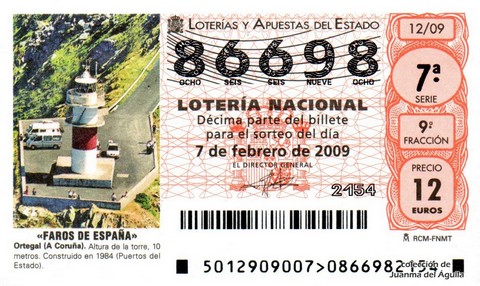 Décimo de Lotería Nacional de 2009 Sorteo 12 - «FAROS DE ESPAÑA». ORTEGAL (A CORUÑA).