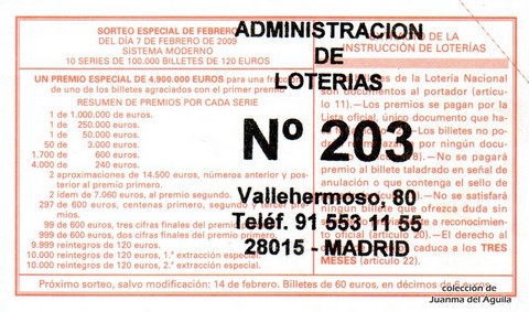 Reverso del décimo de Lotería Nacional de 2009 Sorteo 12