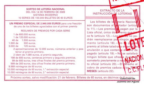 Reverso del décimo de Lotería Nacional de 2009 Sorteo 14