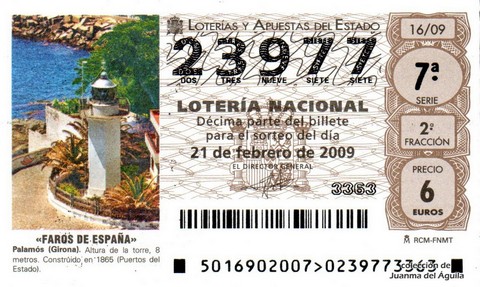 Décimo de Lotería Nacional de 2009 Sorteo 16 - «FAROS DE ESPAÑA». PALAMÓS (GIRONA).