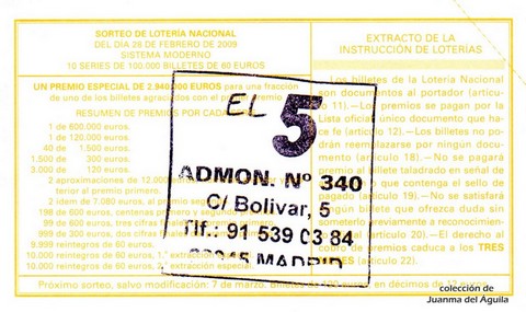 Reverso del décimo de Lotería Nacional de 2009 Sorteo 18