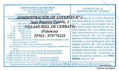 Reverso del décimo de Lotería Nacional de 2009 Sorteo 20