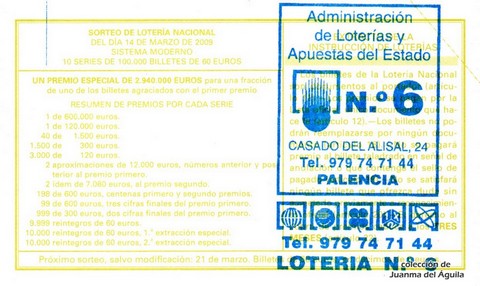 Reverso del décimo de Lotería Nacional de 2009 Sorteo 22