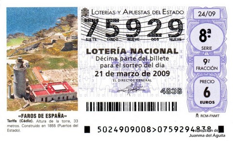 Décimo de Lotería Nacional de 2009 Sorteo 24 - «FAROS DE ESPAÑA». TARIFA (CÁDIZ).