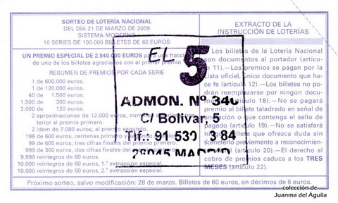 Reverso del décimo de Lotería Nacional de 2009 Sorteo 24