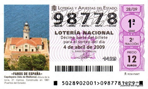 Décimo de Lotería Nacional de 2009 Sorteo 28 - «FAROS DE ESPAÑA». CAPDEPERA (ISLA DE MALLORCA).