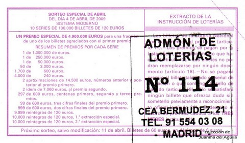 Reverso del décimo de Lotería Nacional de 2009 Sorteo 28