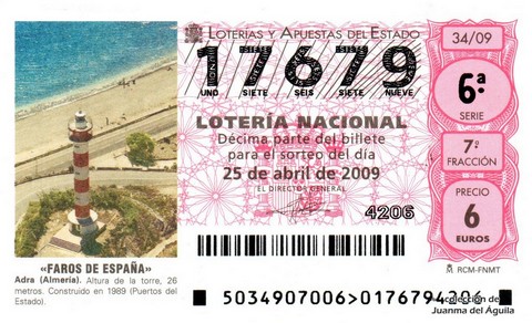 Décimo de Lotería Nacional de 2009 Sorteo 34 - «FAROS DE ESPAÑA». ADRA (ALMERÍA).