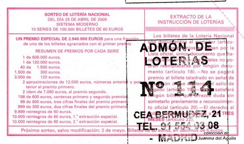 Reverso del décimo de Lotería Nacional de 2009 Sorteo 34