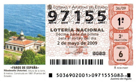 Décimo de Lotería Nacional de 2009 Sorteo 36 - «FAROS DE ESPAÑA». RIBADESELLA (ASTURIAS).