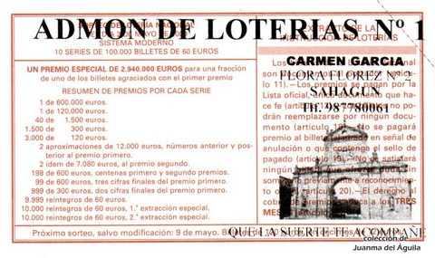 Reverso del décimo de Lotería Nacional de 2009 Sorteo 36