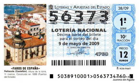 Décimo de Lotería Nacional de 2009 Sorteo 38 - «FAROS DE ESPAÑA». PEÑÍSCOLA (CASTELLÓN).