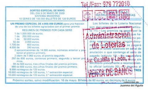 Reverso del décimo de Lotería Nacional de 2009 Sorteo 38