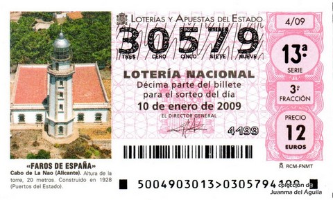 Décimo de Lotería Nacional de 2009 Sorteo 4 - «FAROS DE ESPAÑA». CABO DE LA NAO (ALICANTE)