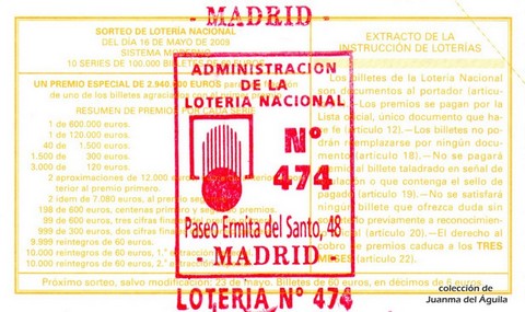 Reverso del décimo de Lotería Nacional de 2009 Sorteo 40